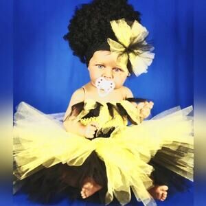 Infant TuTu Dress And Headband Handmade Black & Yellow Size NB - 6 Mos. NWT